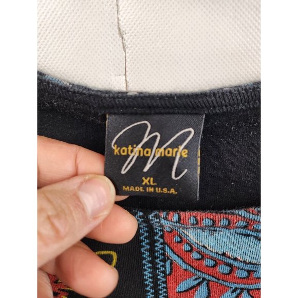 Katina Marie Black Multi Mixed Patchwork Novelty Knit 3/4 Sleeve Top XL - Picture 2 of 6